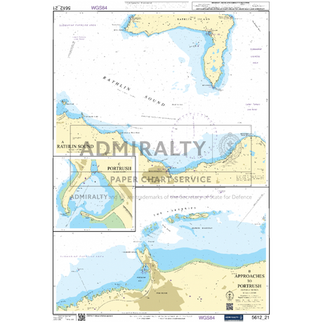 Nautical chart titled "Admiralty Small Craft Charts - 5612 - Northern Ireland" displaying Rathlin Sound and approaches to Portrush, ideal for maritime experts engaged in coastal navigation. Contains detailed coastline, depths, tracts, and soundings. Insets show Port of Portrush and Rathlin Island. Labels and grid lines are visible. The chart is produced by Admiralty.