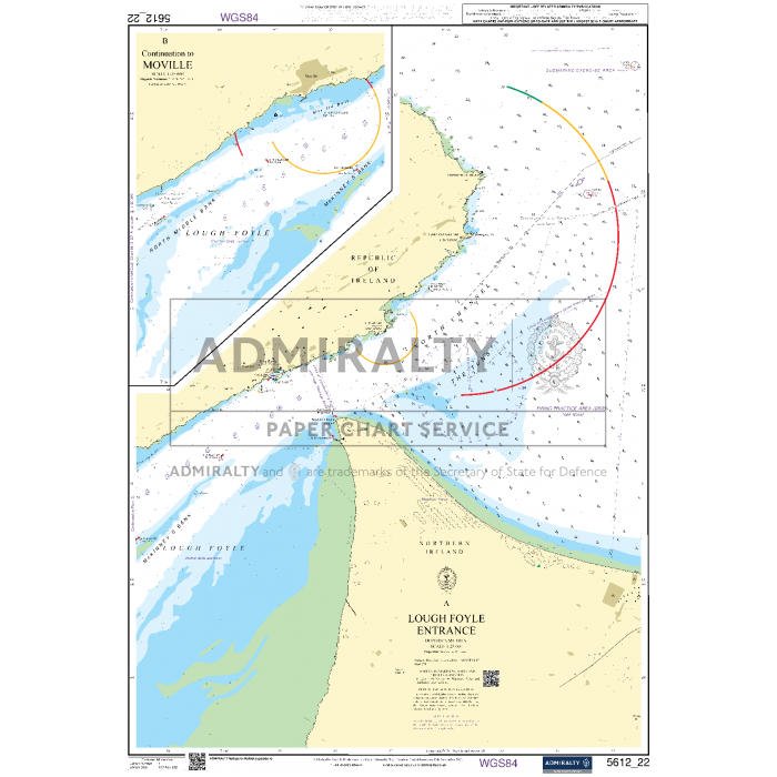 Admiralty Small Craft Charts - 5612 - Northern Ireland provides a detailed nautical map depicting the entrance to Lough Foyle in Ireland. Ideal for coastal navigation, it includes comprehensive details on water depths, hazards, and navigational aids. An inset highlights the area from Greencastle to Moville. "Admiralty Paperchart Service" is prominently displayed and trusted by maritime experts worldwide.