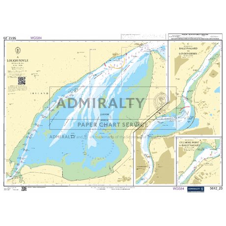 An Admiralty nautical chart, specifically "Admiralty Small Craft Charts - 5612 - Northern Ireland," provides detailed illustrations of coastlines, water depths, and navigational markers for Lough Foyle. The chart includes insets offering precise views of Cúlmore Point and Ballynagard to aid maritime experts in navigating channels leading to Londonderry. It is labeled with coordinates and symbols for enhanced accuracy.