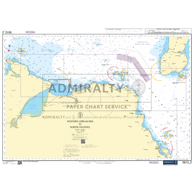 The Admiralty Small Craft Chart 5612_2: Western Approaches to North Channel, from Admiralty, showcases detailed bathymetric data and navigation aids. It includes depth contours and geographic features in both sea and coastal areas, meticulously crafted by the UK Hydrographic Office.