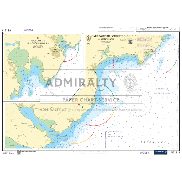 Admiralty Small Craft Chart 5612 - Northern Ireland, by Admiralty, showcases the region from Carlingford Lough to Arklow in Ireland. This chart illustrates various maritime features, depths, and navigational aids essential for precise coastal navigation. A prominently visible watermark reading "ADMIRALTY PAPER CHART SERVICE" underscores its trustworthiness among maritime experts.