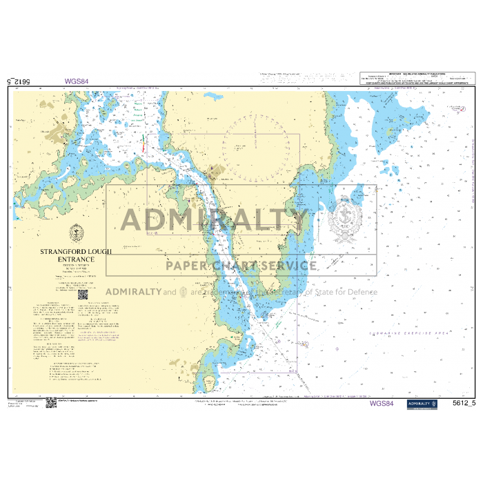 The Admiralty Small Craft Chart 5612_5: Strangford Lough Entrance provides detailed information on coastal features, water depths, navigational hazards, and maritime routes. Published by the UK Hydrographic Office under the Admiralty brand, this chart includes latitude and longitude markings with an official Admiralty watermark.