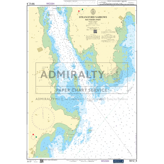 The Admiralty Small Craft Chart 5612 - Northern Ireland, titled "Strangford Narrows, Southern Part," provides detailed water depths, coastal features, and essential navigation aids for coastal navigation. Designed for maritime experts, it highlights the water body with adjacent landmasses, contours, and various navigational symbols.