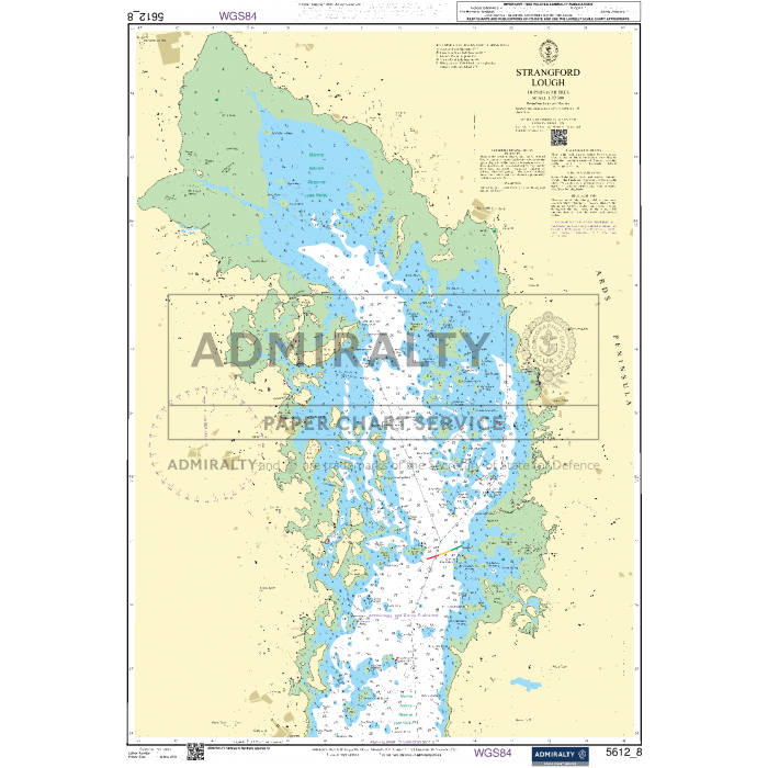 The Admiralty Small Craft Charts - 5612 for Northern Ireland offer a detailed navigational chart of Strangford Lough. This map includes critical information on water depths, navigational aids, and coastal features. It is equipped with a compass rose, scale bars, and various labels to aid orientation. Ideal for maritime experts, the chart prominently displays the Admiralty logo.