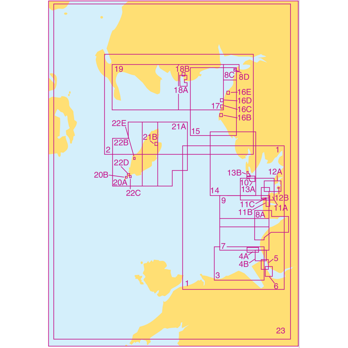 The Admiralty Small Craft Charts - 5613 - Irish Sea, East Part and Isle of Man by Admiralty feature a vibrant blue and yellow simplified map overlaid with a red border and numerous purple rectangles and markings, labeled with codes such as "1A9," "8C," and "23." These rectangles are interconnected by lines indicating specific pathways or zones.