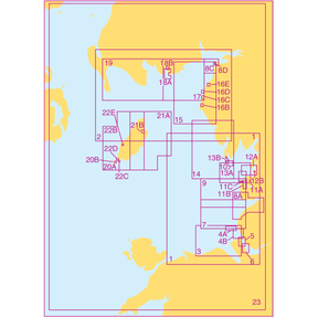 The Admiralty Small Craft Charts - 5613 - Irish Sea, East Part and Isle of Man by Admiralty feature a vibrant blue and yellow simplified map overlaid with a red border and numerous purple rectangles and markings, labeled with codes such as "1A9," "8C," and "23." These rectangles are interconnected by lines indicating specific pathways or zones.
