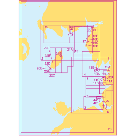 The Admiralty Small Craft Charts - 5613 - Irish Sea, East Part and Isle of Man by Admiralty feature a vibrant blue and yellow simplified map overlaid with a red border and numerous purple rectangles and markings, labeled with codes such as "1A9," "8C," and "23." These rectangles are interconnected by lines indicating specific pathways or zones.