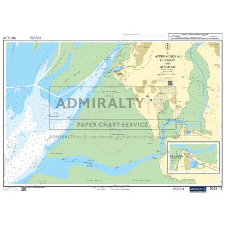 Admiralty Small Craft Chart 5613_12: Approaches to Glasson and Heysham, published by Admiralty, provides detailed information on water depths, land elevations, and navigation aids. It also contains insets and comprehensive bathymetric details.