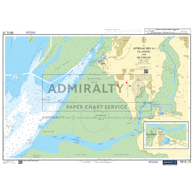 Admiralty Small Craft Chart 5613_12: Approaches to Glasson and Heysham, published by Admiralty, provides detailed information on water depths, land elevations, and navigation aids. It also contains insets and comprehensive bathymetric details.