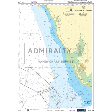 Admiralty Small Craft Chart 5613_14: Barrow-in-Furness to Seascale, highlighting coastal areas and maritime routes. It includes navigational details like depths, landmarks, and water hazards, featuring navigation aids from the UK Hydrographic Office. The chart is labeled with "ADMIRALTY" alongside various grid references.