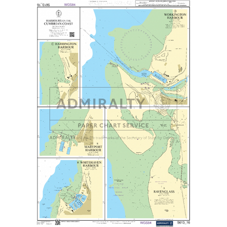 A nautical chart titled "Admiralty Small Craft Charts - 5613 - Irish Sea, East Part and Isle of Man," detailing four regions: Workington Harbour, Maryport Harbour, Whitehaven Harbour, and Ravenglass. This Admiralty chart shows water depths, coastal lines, landmarks, and navigational aids with blue water areas and yellow land areas.