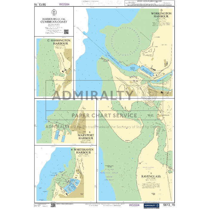 The Admiralty Small Craft Chart 5613_16: Harbours on the Cumbrian Coast by Admiralty details Harrington Harbour, Workington Harbour, Maryport Harbour, Whitehaven Harbour, and Ravenglass areas. It features water depths, coastline specifics, harbor layouts, and essential navigation aids from the UK Hydrographic Office.