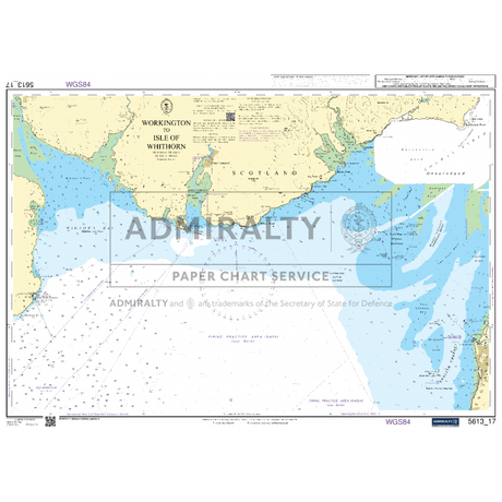 The Admiralty Small Craft Chart titled "5613 - Irish Sea, East Part and Isle of Man," created by the Admiralty Paper Chart Service, depicts coastal regions, depths, navigation aids, and landmarks. This ADMIRALTY Small Craft Chart covers the Solway Firth area between England and Scotland.