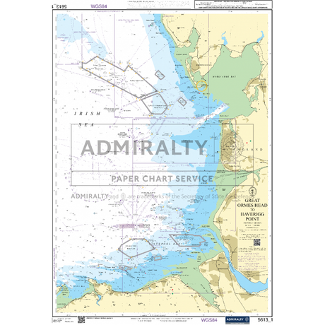 Admiralty's Small Craft Chart 5613_1, covering Great Ormes Head to Haverigg Point in the Irish Sea, showcases navigation routes and depth markings. Part of the UK Hydrographic Office's collection, this detailed chart is designed for both large vessels and small crafts.