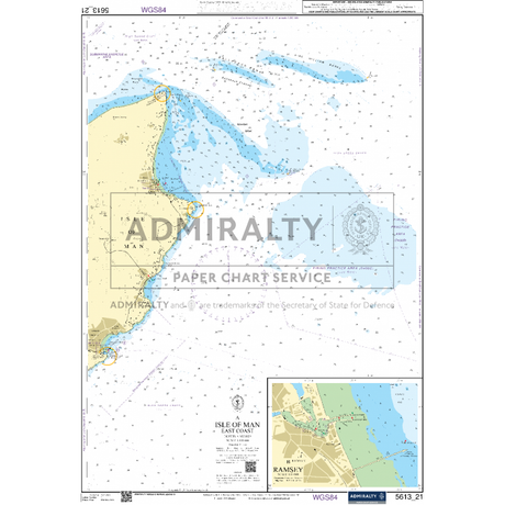 Admiralty Small Craft Chart 5613_21 offers a comprehensive nautical chart of the Isle of Man's east coast, featuring precise navigation information, water depths, and coastal details. It includes an inset map for enhanced specifics near Ramsey. This Admiralty chart guarantees accuracy and dependable navigation aids.