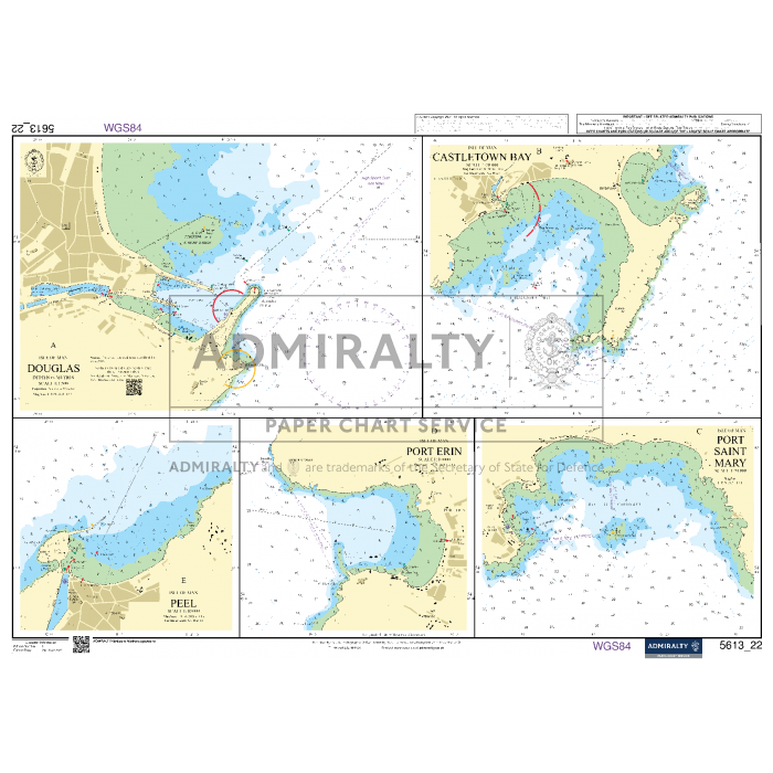 The Admiralty Small Craft Charts - 5613 - Irish Sea, East Part and Isle of Man is a detailed nautical chart outlining the coastal and harbor areas of Douglas, Castletown Bay, Port Erin, Port St Mary, and Peel. It includes various depth readings, navigational aids, and landmarks. Branded with "Admiralty Paper Chart Service" at the center, this chart provides comprehensive data ideal for small craft navigation around these regions.