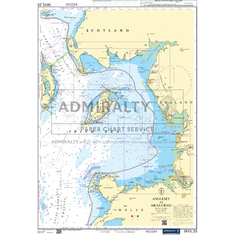 A nautical chart titled "Admiralty Small Craft Charts - 5613 - Irish Sea, East Part and Isle of Man," depicting the Irish Sea, including the coastlines of Scotland, Northern Ireland, England, and Wales. Produced by Admiralty, it features various navigational markers, depth measurements, and coastal details for small craft navigation.