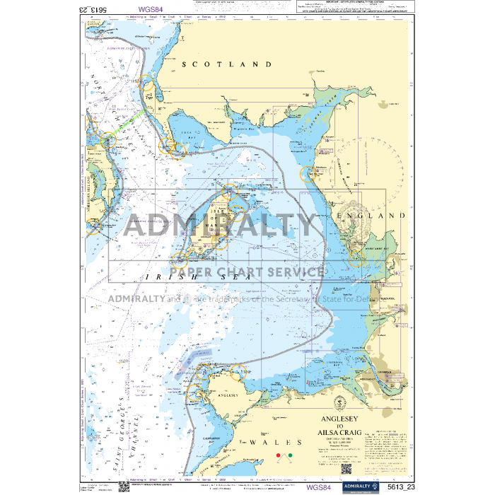 The Admiralty Small Craft Chart 5613_23: Anglesey to Ailsa Craig, produced by the UK Hydrographic Office, provides a nautical chart of the Irish Sea and surrounding coasts. It encompasses parts of Scotland, Ireland, Wales, and England. This chart details maritime navigation routes, depth markings, and coastal features along with a compass rose and scale bar.