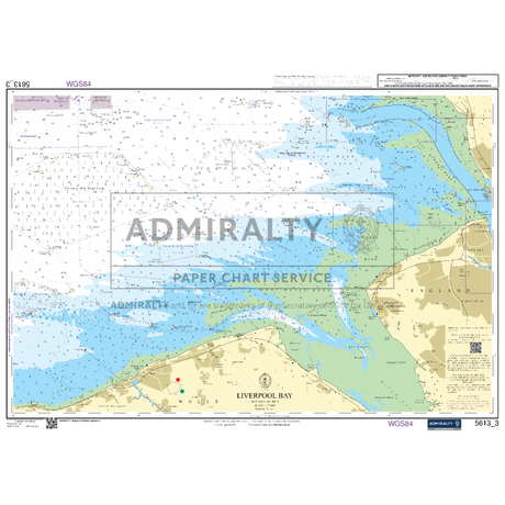 The Admiralty Small Craft Chart 5613 - Irish Sea, East Part and Isle of Man offers detailed maritime navigation information for Liverpool Bay, including water depths, coastal features, and navigational aids such as buoys. Produced by UKHO under the Admiralty brand, this chart includes coordinates and various mapping symbols suitable for small craft navigation.