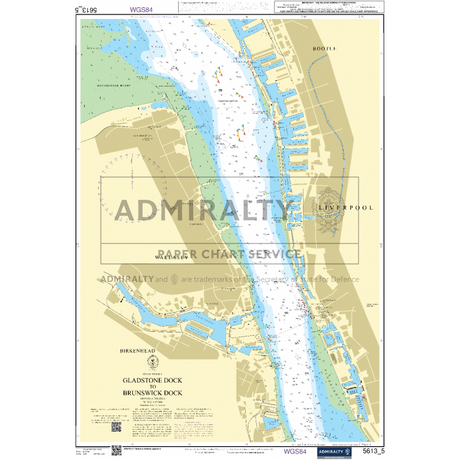 A nautical chart from Admiralty Small Craft Charts - 5613, showcasing a detailed map of the Birkenhead and Liverpool areas with the River Mersey running vertically through the center. Notable docks like Gladstone Dock and Brunswick Dock are marked, along with comprehensive land and water navigation details as featured in Admiralty's collection.