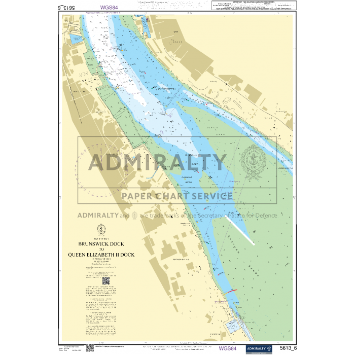 An Admiralty Small Craft Chart detailing Brunswick Dock and Queen Elizabeth II Dock, featuring water depth indicators and geographical features along the riverbanks. This chart, titled Admiralty Small Craft Charts - 5613 - Irish Sea, East Part and Isle of Man, is produced by the UKHO, as indicated by the label in the center.