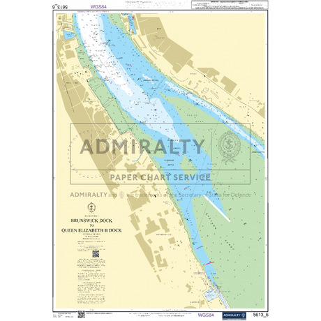 An Admiralty Small Craft Chart detailing Brunswick Dock and Queen Elizabeth II Dock, featuring water depth indicators and geographical features along the riverbanks. This chart, titled Admiralty Small Craft Charts - 5613 - Irish Sea, East Part and Isle of Man, is produced by the UKHO, as indicated by the label in the center.