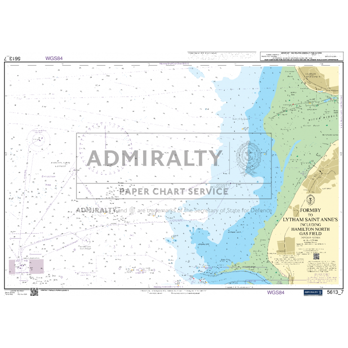 A detailed nautical chart from the Admiralty Small Craft Charts series, specifically Chart 5613 - Irish Sea, East Part and Isle of Man, produced by UKHO. It showcases the coastal areas from Formby to Lytham Saint Annes and Liverpool, Hamilton North, and the Gas Field. The chart includes various nautical markings, depth measurements, and topographic features typical of Admiralty Small Craft Charts.