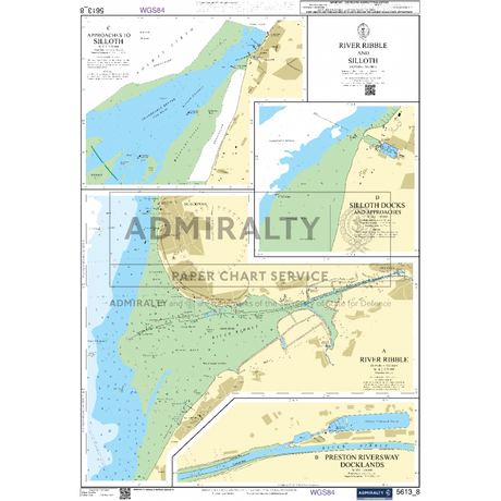 The Admiralty Small Craft Charts, specifically chart 5613 covering the East Part of the Irish Sea and the Isle of Man, depict the approaches to Silloth, Silloth docks, and River Ribble along with Preston Riversway Docklands. These charts include detailed maps with water depths, land elevations, and navigational aids. A watermark by UKHO labeled "ADMIRALTY Small Craft Charts" and other text labels are present.