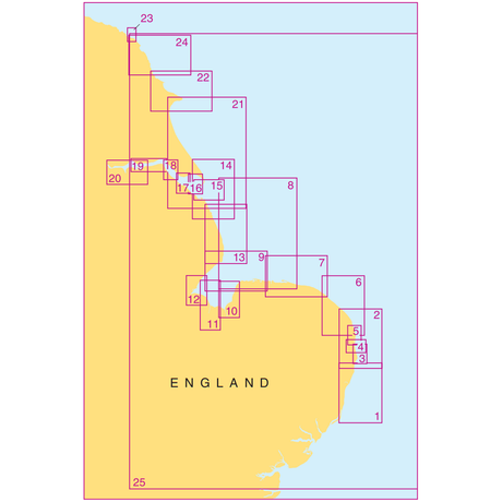 Map of the eastern coast of England, highlighting various zones marked by pink lines and labeled with numbers from 1 to 25. Perfect for coastal navigation, these zones extend from Orford Ness to Whitby in the north, offering precise Admiralty Small Craft Charts - 5614 for enhanced maritime safety.