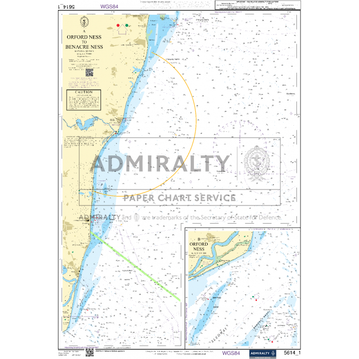 The Admiralty Small Craft Chart - 5614, titled "East Coast, Orford Ness to Whitby," is essential for coastal navigation, featuring detailed depth soundings, navigational aids, and sea routes. Labeled under the "Admiralty" brand, it includes insets for specific regions and promotes maritime safety. Ideal for those using ADMIRALTY Small Craft Charts.