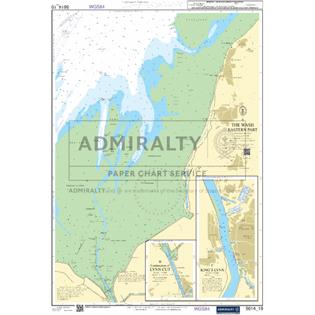 Nautical chart from Admiralty's Small Craft Charts - 5614, covering the East Coast from Orford Ness to Whitby, with detailed insets of Lynn Cut. The main map displays sea depths and navigational aids for coastal navigation, while the insets focus on coastline features. Notable areas include King’s Lynn harbor and surrounding water channels. Perfect for precise coastal navigation along this stretch of the East Coast.