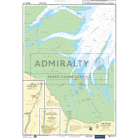 The Admiralty Small Craft Chart 5614 - East Coast, Orford Ness to Whitby provides a comprehensive nautical chart covering the River Nene and the Wash area. This chart includes detailed mapping of coastal regions, depths, navigational hazards, and designated shipping channels. Insets offer zoomed views of the River Nene and Wisbech to enhance maritime safety. The chart is marked with the Admiralty logo and relevant chart details.