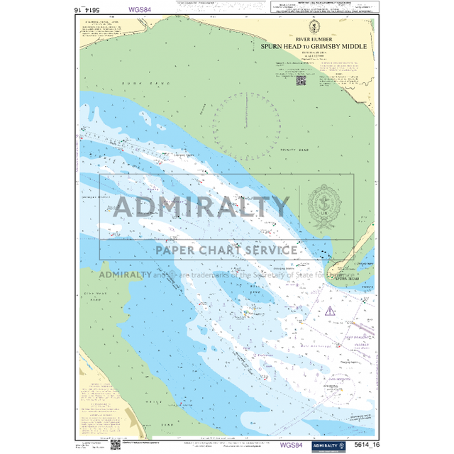 The Admiralty Small Craft Chart 5614_16: River Humber - Spurn Head to Grimsby Middle includes depth markings, coastline details, and navigational aids. Featuring the Admiralty logo, this chart from the UK Hydrographic Office provides precise coordinates for safe passage.