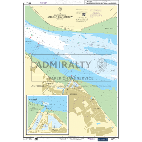 Admiralty's Small Craft Chart 5614_17, titled "River Humber - Approaches to Grimsby," provides detailed maritime navigation information, including waterways, depths, and surrounding areas. It features insets marked by Admiralty seals and labels as well as essential navigation aids.