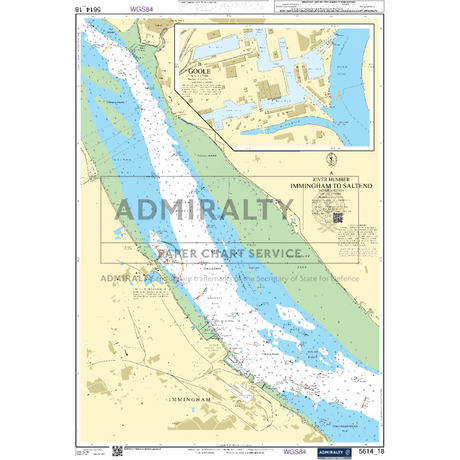 The Admiralty Small Craft Charts - 5614 - East Coast, Orford Ness to Whitby provides a detailed nautical chart of the Humber River area, specifically from Immingham to Saltend. It highlights crucial information such as water depths, coastal features, navigational aids, and landmarks for maritime safety. Additionally, insets offer detailed plans of Goole and Hull ports. This chart is part of the renowned ADMIRALTY Small Craft Charts series by Admiralty