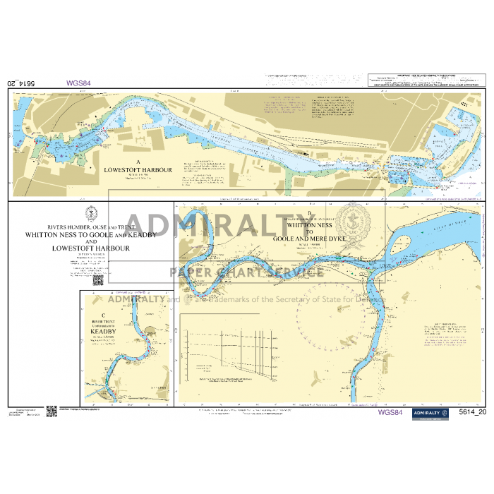 This current Admiralty Small Craft Chart 5614_20: Whitton Ness to Goole and Keadby and Lowestoft Harbour offers intricate depictions of waterways, docks, and landforms. Insets highlight areas from Whitton Ness to Goule and Nep Dyke, including critical navigation aids for accurate journey planning and exploration.