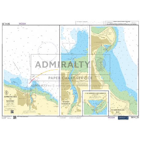 Admiralty Small Craft Chart 5614, focusing on the East Coast from Orford Ness to Whitby, includes detailed maps of Whitby Harbour and Scarborough Bay. It provides depth contours, navigation aids, and other essential maritime information for coastal navigation. The chart is marked with the "ADMIRALTY Paper Chart Service" watermark for enhanced maritime safety.