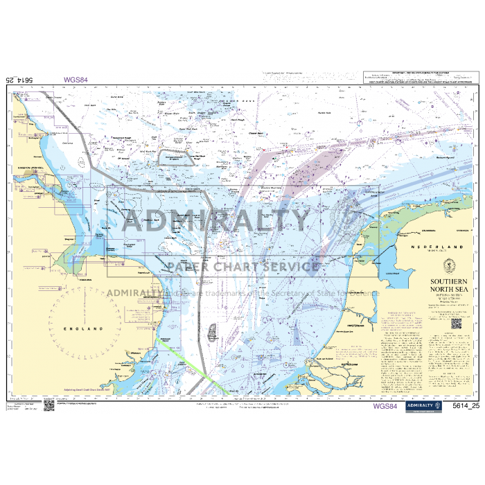 The Admiralty Small Craft Chart 5614_25: Southern North Sea, by Admiralty, provides an up-to-date depiction of coastal areas, navigational routes, navigation aids, and depth indicators. It includes geographic coordinates and detailed labels to aid maritime navigation.