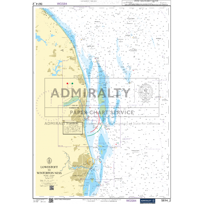 The Admiralty Small Craft Chart 5614_2: Lowestoft to Winterton Ness is ideal for maritime navigation, showcasing the coast along with depths, landmarks, navigation routes, and coastal details. It features the Admiralty logo and is created by the UK Hydrographic Office with precise coordinates for enhanced accuracy.