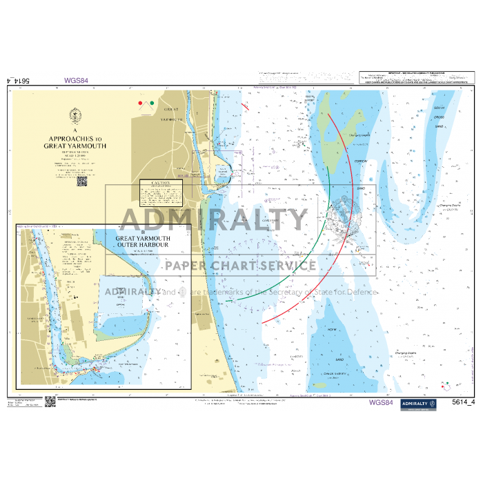 The Admiralty Small Craft Charts - 5614 - East Coast, Orford Ness to Whitby, provides nautical details of the approaches to Great Yarmouth, including outer harbor areas. It is specifically designed for coastal navigation and ensuring maritime safety. The chart features contour lines, depth markings, navigational aids, and port information. Insets depict detailed views of key harbor sections and adjacent water bodies.