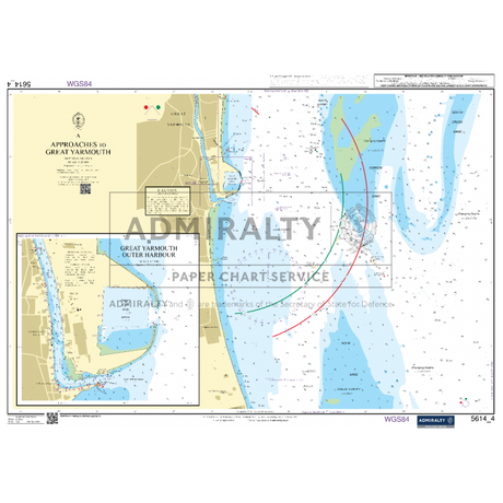 The Admiralty Small Craft Charts - 5614 - East Coast, Orford Ness to Whitby, provides nautical details of the approaches to Great Yarmouth, including outer harbor areas. It is specifically designed for coastal navigation and ensuring maritime safety. The chart features contour lines, depth markings, navigational aids, and port information. Insets depict detailed views of key harbor sections and adjacent water bodies.