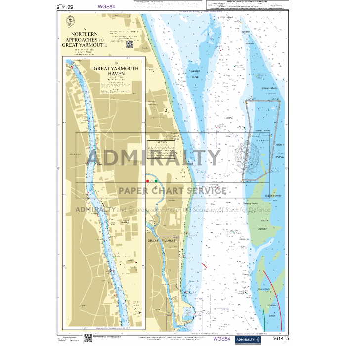 The "Admiralty Small Craft Charts - 5614 - East Coast, Orford Ness to Whitby" by Admiralty is essential for coastal navigation. It includes detailed maps of areas such as Great Yarmouth Haven and adjacent waterways, marking water depths, navigation routes, safety-critical information, and land features near the coastal areas.