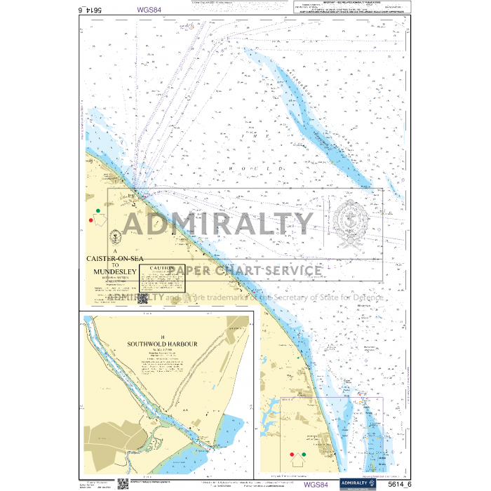 The Admiralty Small Craft Chart 5614 for the East Coast, spanning from Orford Ness to Whitby, offers detailed navigation information including depths, markers, and coastline features near Mundesley and Caister-on-Sea. Additionally, it includes an inset map of Southwold Harbour for precise navigation within that area, all designed to ensure maritime safety.