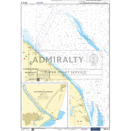 The Admiralty Small Craft Chart 5614_6: Caister-On-Sea to Mundesley, brought to you by Admiralty, offers a detailed nautical chart featuring the coastline, sea routes, and a handy inset of Southwold Harbour. Rely on these precise navigation aids for safe passage.