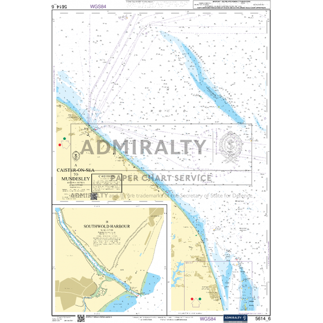 The Admiralty Small Craft Chart 5614_6: Caister-On-Sea to Mundesley, brought to you by Admiralty, offers a detailed nautical chart featuring the coastline, sea routes, and a handy inset of Southwold Harbour. Rely on these precise navigation aids for safe passage.