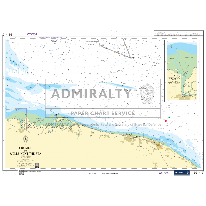 Admiralty Small Craft Charts - 5614, covering the East Coast from Orford Ness to Whitby. This chart provides detailed information on depths, coastal topography, navigation marks, and hazards to ensure maritime safety for the Cromer and Wells-Next-The-Sea coastline. Insets detail harbor approaches and key landmarks. Published under the renowned Admiralty brand.