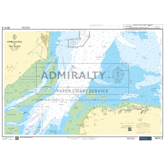 The Admiralty Small Craft Chart 5614_9: Approaches to The Wash incorporates navigational features such as soundings and compass roses, with coastal areas and sea routes displayed in light blue and beige. This chart is produced by the UK Hydrographic Office's Admiralty Paper Chart Service.