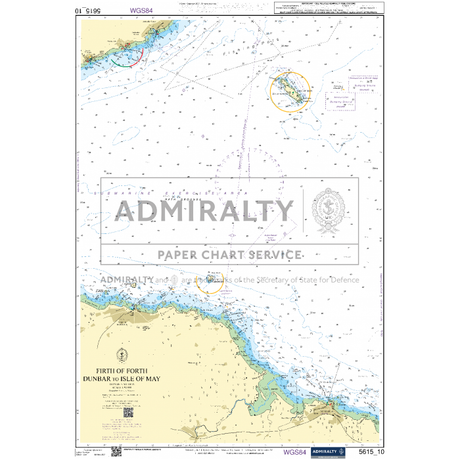 The Admiralty Small Craft Chart 5615, focusing on the East Coast from Whitby to Edinburgh, depicts the Firth of Forth, covering areas including Dunbar and the Isle of May. This chart includes essential coastal navigation details such as depth measurements, buoys, and shipping lanes. The "Admiralty Paper Chart Service" logo is prominently overlaid on this Admiralty chart.