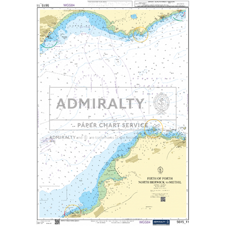 The Admiralty Small Craft Chart 5615, covering the East Coast from Whitby to Edinburgh, provides detailed information on depths, marine features, and navigational aids in the Firth of Forth. It includes various symbols and shades coastal areas in blue while depicting land masses in beige. This chart meets ADMIRALTY standards and is ideal for coastal navigation.
