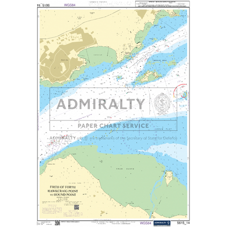 Admiralty Small Craft Chart 5615 of the East Coast, spanning Whitby to Edinburgh, showcases Firth of Forth with detailed views from Hawkcraig Point to Hound Point. This chart, ideal for coastal navigation, includes navigational details, coordinates, depth contours, and nearby landmasses. The Admiralty logo and "PAPER CHART SERVICE" watermark are prominently centered on the map.